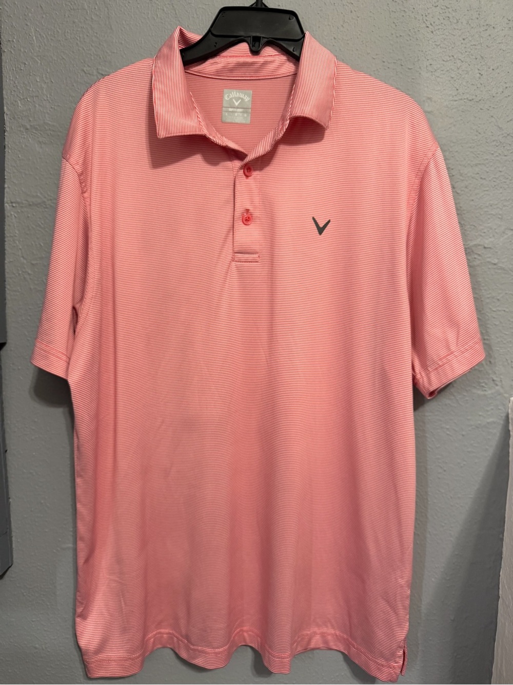 Callaway Men’s Pink and White Micro Stripe Performance Golf Polo size L